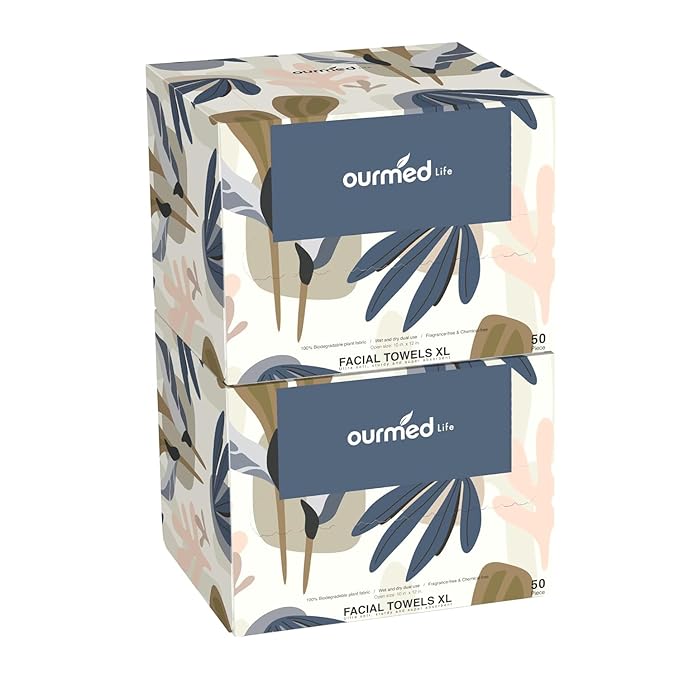 Ourmed Life Face Towels, Disposable Biodegradable Facial Towels for Sensitive Skin, Lint- free Face Wipes for Washing Face, Skincare and Makeup Remover, Dry Wipes, 10"×12" Extra Large, 100 Count