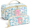 Personalized Travel Makeup Bag Set,Initial Travel Cute Floral Makeup Organizer Bag,Toiletry Skincare Cosmetic Bag,Christmas Gifts for Women/Girls,Open Flat Toiletry Pouch with Brush Pocket-O