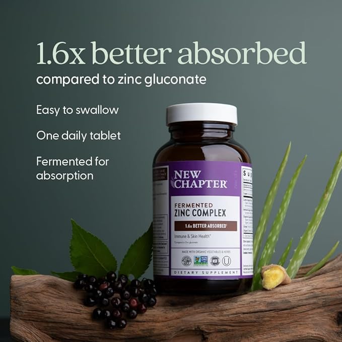 New Chapter Zinc Supplement, Fermented Zinc Complex, ONE Daily for Immune Support + Skin Health, Mineral-Balancing Formula Rich in Copper, Easy to Swallow & Digest, 90 Count (3 Month Supply)