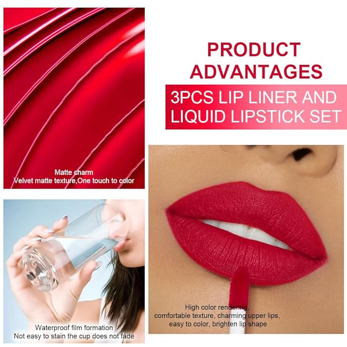 evpct 3Pcs Dark Red Orange Fire Red Matte Lip Liner & Liquid Lipstick Stain Makeup Set for Women, Lip Liner Stain Long Lasting Waterproof Smudge Proof, Cruelty Free Lip Makeup 24 hours original labios