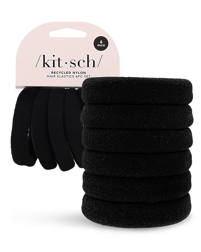 Kitsch Black Hair Ties No Damage - Strong, Stretchy Hair Bands | Soft Nylon Ponytail Holders, Snag-Free Rubber Bands, Perfect for Updos & Braids | Ideal Gifts for Women - Black, 6pcs