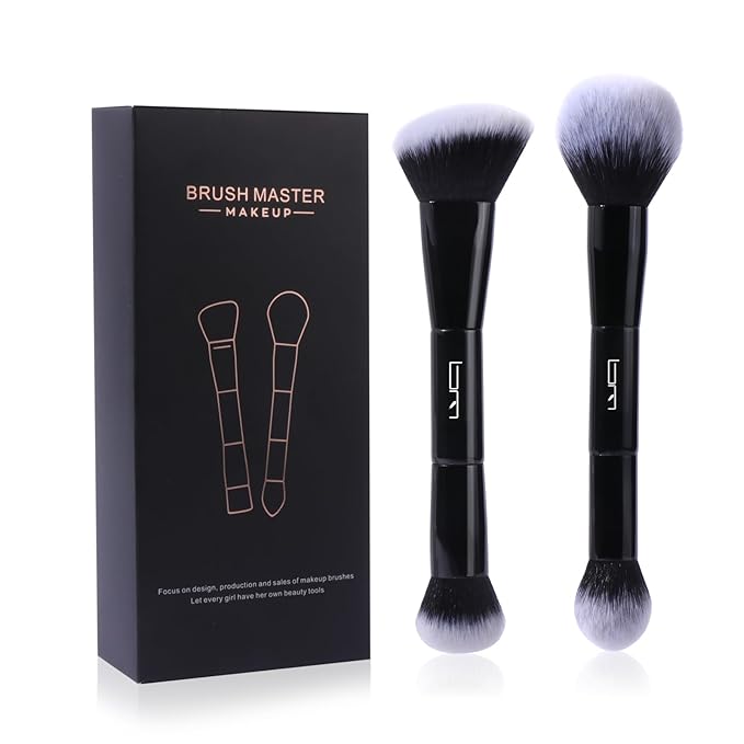 2Pcs Duo End Makeup Brushes, Foundation, Powder, Contour, Concealer, eye makeup Brush, Double-ended Multi-functional Synthetic Cosmetic Tools Makeup Brushes(Black)