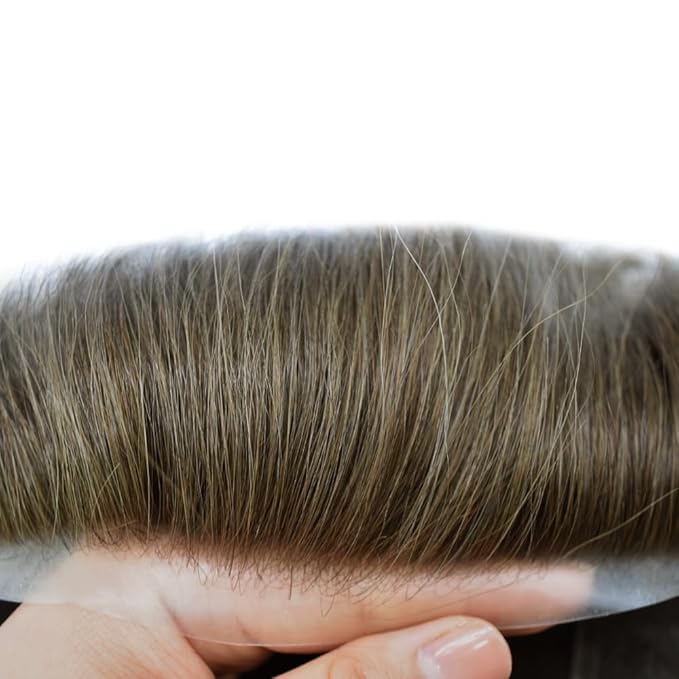 Toupee for Men French Lace Mens Toupee Human Hair Replacement Systems Lace Center with PU Around Hair Piece V-Looped Front Male Hair Prosthesis 7"X9" 4# MEDIUM BROWN