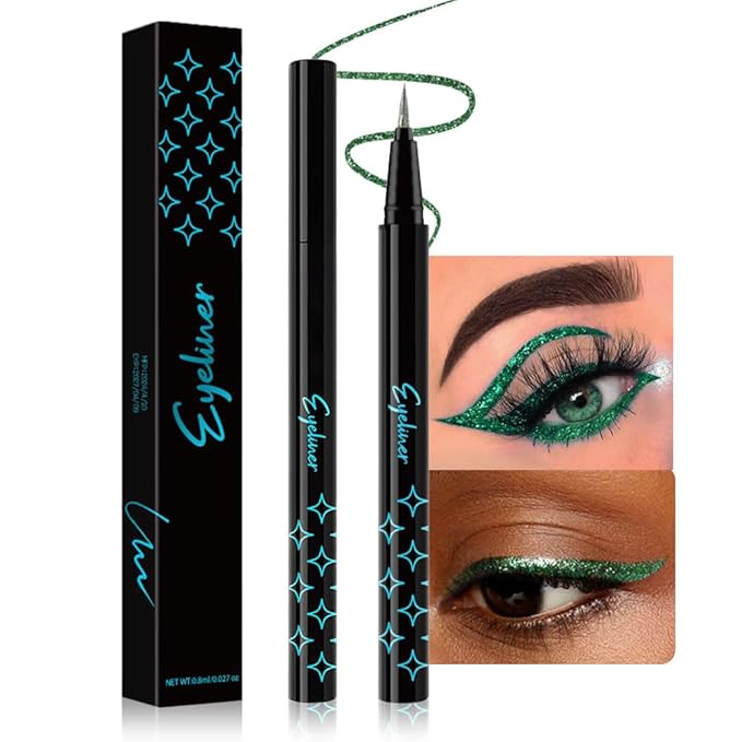 evpct 1Pcs Emerald Dark Green Glitter Shimmer Liquid Eyeliner Eye Shadow Makeup Pencil, Green Face Body Glitter Fake Eyelashes Lashes Mascara Accessories, Sparkle Metallic Colored Eyeliner Waterproof