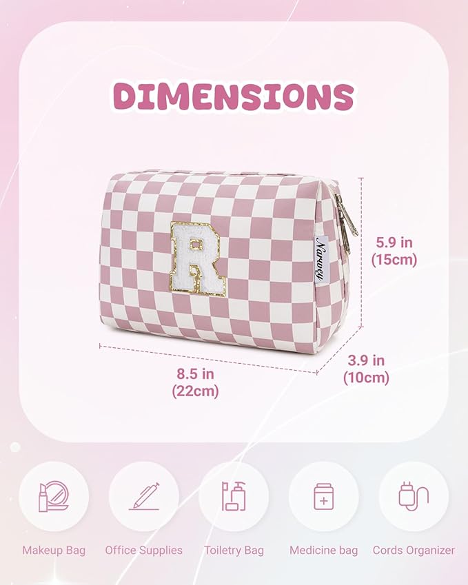 Narwey Birthday Gifts for Teen Girls Kids Women Personalized Initial Checkered Makeup Bag Pink Monogram Cosmetic Bag Trendy Stuff 6 8 10 11 12 13 14 16 18 Years Old Travel Toiletry Bag (Dusty Rose R)