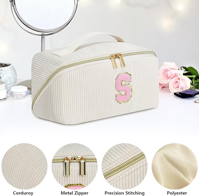Personalized Initial Makeup Bag,Christmas Gifts for Girl,Preppy Bag Cosmetic Travel Bag Women,Travel Toiletry Organizer,Large Capacity Corduroy Stuff Bag,Cute Cosmetic Pouch Skincare Bag-R