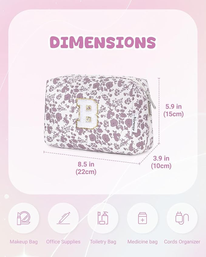 Narwey Birthday Gifts for Teen Girls Kids Women Personalized Initial Floral Makeup Bag Cute Cosmetic Trendy Stuff 6 8 10 11 12 13 14 16 18 Years Old Travel Toiletry Bag (Little Dusty Pink Flower B)