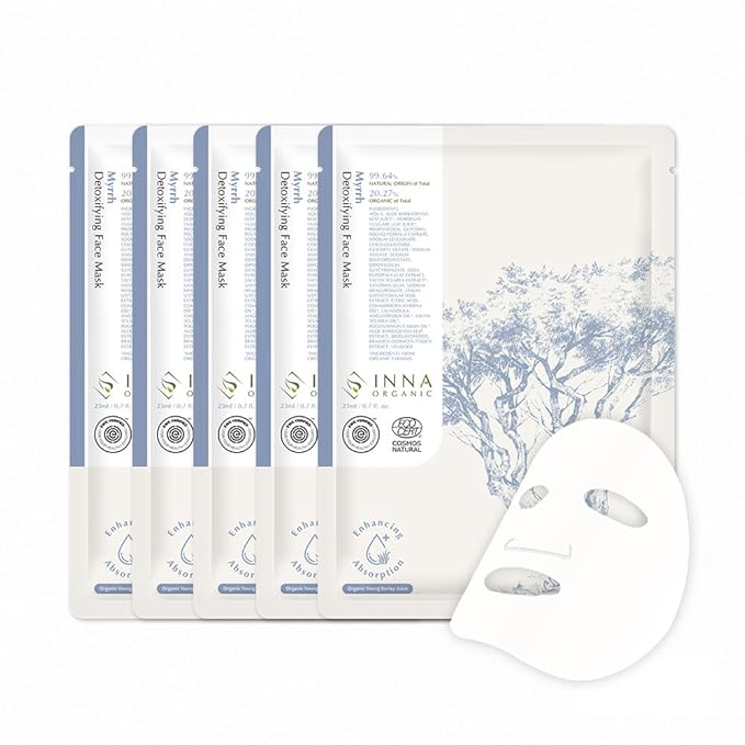 INNA ORGANIC Sheet Mask - Deep & Long Hydration, EWG & COSMOS Certified (Pack of 5) | Myrrh Essential Oils Infused Skin Care | Luxury Clean Beauty