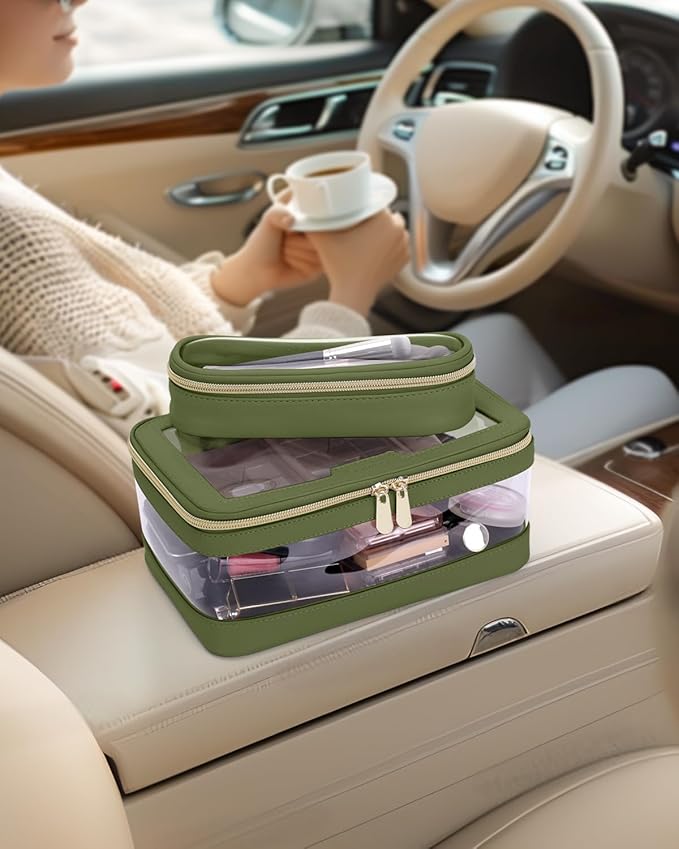 Travel Clear Makeup Bag with Makeup Brush Bag, Leather Makeup Case Toiletry Bag, Portable Cosmetic Bag Case, Transparent Waterproof Cosmetic Organizer Storage Bag for Women, Green