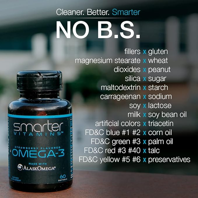 (3 Pack) Smarter Omega 3 Fish Oil, Berry Flavor, Burpless, Tasteless, 2000mg, DHA EPA Triple Strength Brain, Made with AlaskOmega®