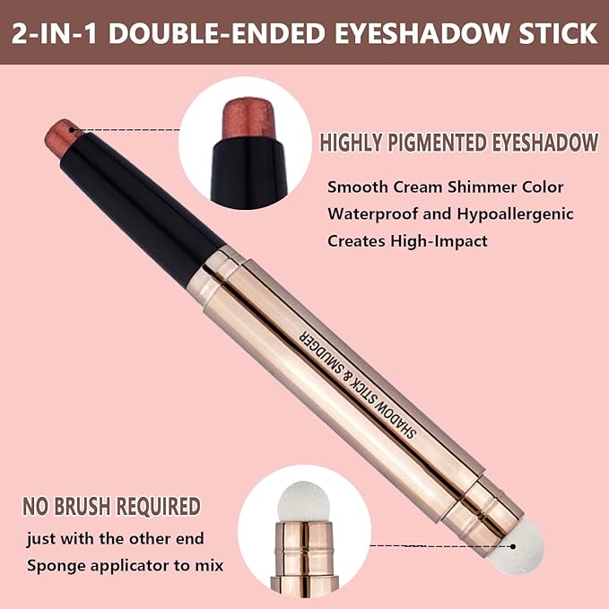 2 in 1 Eyeshadow Stick and Brush, Smooth Cream Shimmer Shadow Pencil, Long Lasting Waterproof Eye Shadow Highlighter, Hypoallergenic, Multi-Dimensional Eyes Look
