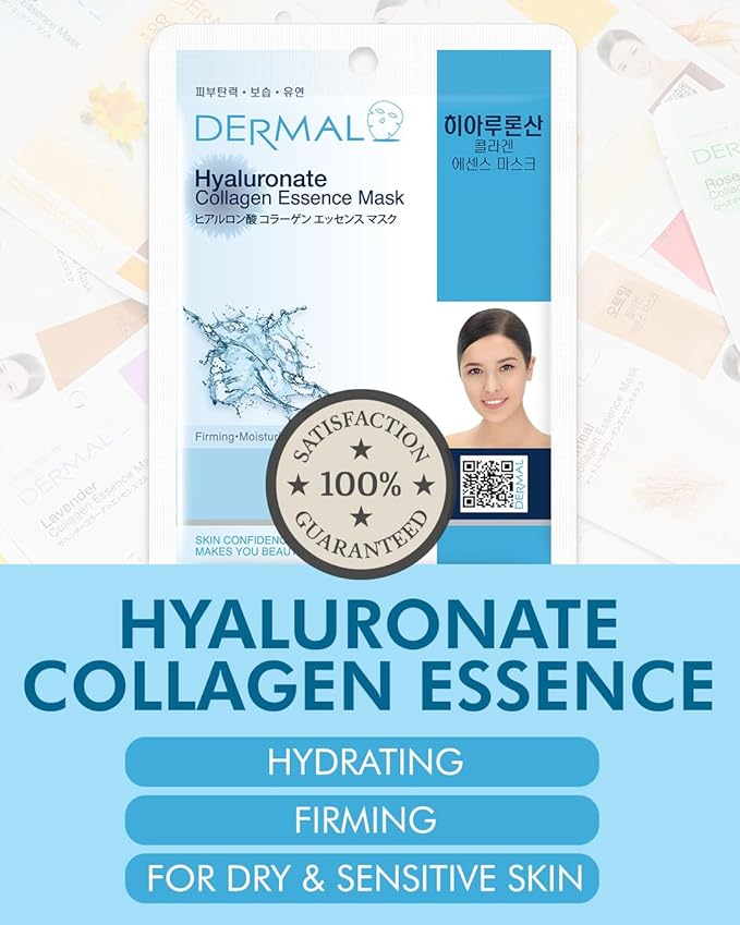 DERMAL Hyaluronate Collagen Essence Facial Mask Sheet 23g Pack of 10 - Hydro Boost Moisturizing for Dry Skin, Smoothing Fine Lines Wrinkles, Daily Skin Treatment Solution Sheet Mask