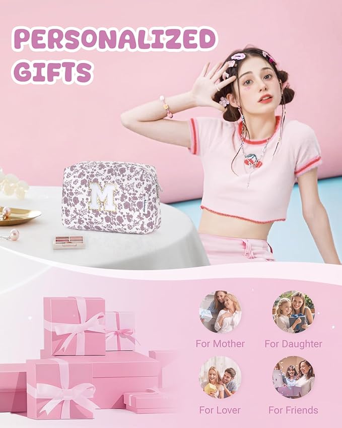 Narwey Birthday Gifts for Teen Girls Kids Women Personalized Initial Floral Makeup Bag Cute Cosmetic Trendy Stuff 6 8 10 11 12 13 14 16 18 Years Old Travel Toiletry Bag (Little Dusty Pink Flower M)