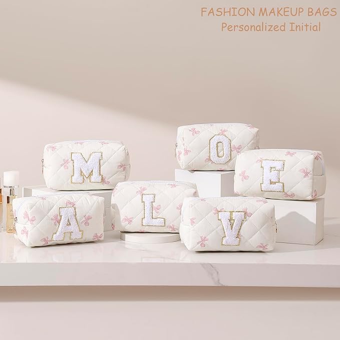Gleyemor Personalized Initial Makeup Bag for Women, Cute Quilted Pink Floral Cotton Cosmetic Bag, Christmas Gifts for Her Mom Friend Sister Bridesmaid Teacher Women L