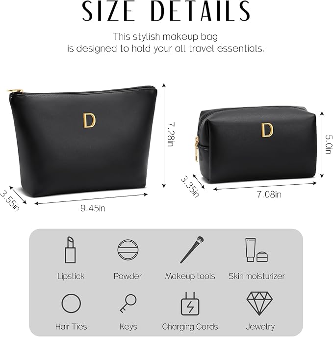 Women Gifts | Initial Makeup Bag Set for Girl Personalized Gifts for Bridesmaid Friend Graduation Teachers PU Leather Cosmetic Travel Toiletry Bag(Black,D)