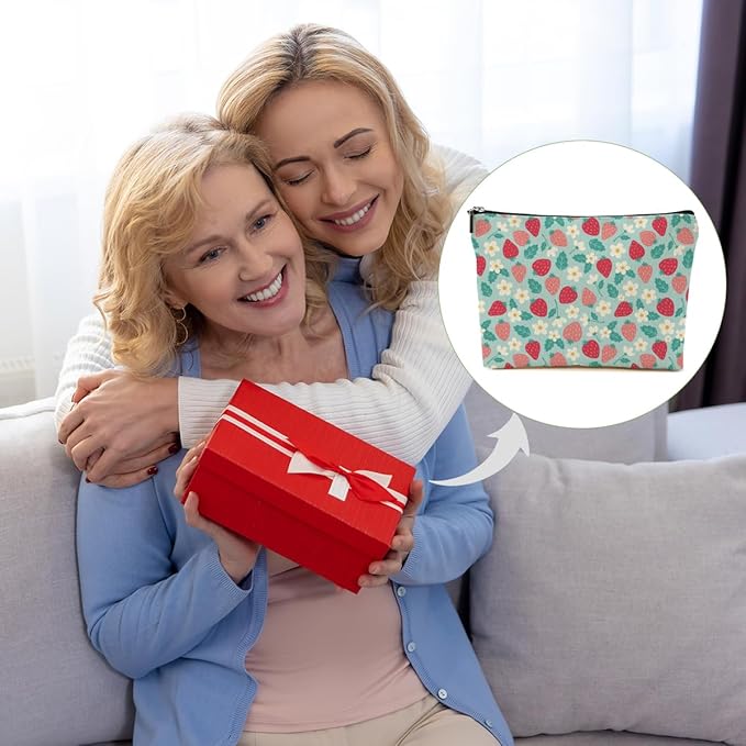 Cute Flowers Strawberry Makeup Bag Floral Cosmetic Bag Friend Friendship Gifts for Women Girls Sister Mom Coworker Botanical Travel Organizer Zipper Pouch Christmas Thanksgiving Birthday Gifts