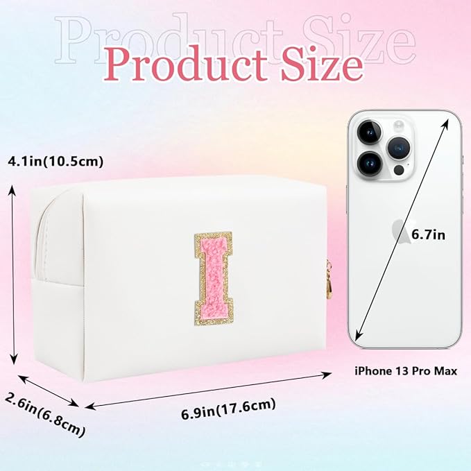 Small Personalized Letter Makeup Bag, Cute PU Leather Chenille Letters Cosmetic Bag Travel Makeup Pouch, Preppy Travel Organizer Zipper Pouch for Women&Girls（WhitePink-I）