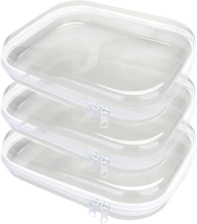 3PCS Clear Hard Plastic Zipper Case, Double Zippers Hard Pouch, Portable Travel Organizer Bin Clear Makeup Bag for Toy Storage, Snack Bag, Cosmetics, Pencil Case, Diaper Bag, Toiletry Bag