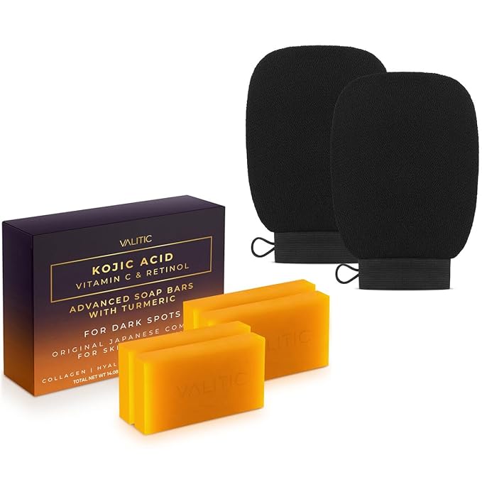 VALITIC 4 Pack Kojic Acid Vitamin C & Retinol Soap Bars for Dark Spot Bundle with 2 Black Exfoliating Gloves for Body Scrubs