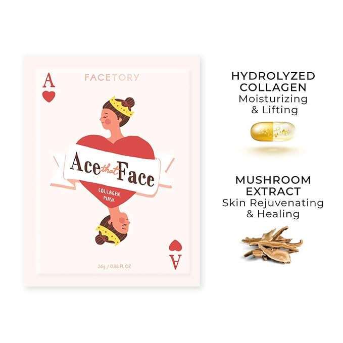 FACETORY K Beauty Face Mask Skin Care - ACE THAT FACE FIRMING COLLAGEN Sheet Mask with Collagen & Mushroom Extract | For Plump and Glowing Skin (10 Pack)