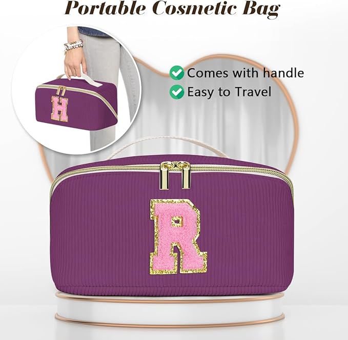 Personalized Initial Makeup Bag,Christmas Gifts for Girl,Preppy Bag Cosmetic Travel Bag Women,Travel Toiletry Organizer,Large Capacity Corduroy Stuff Bag,Cute Cosmetic Pouch Skincare Bag-F