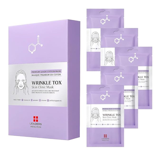 Leaders Insolution Wrinkle Tox Skin Clinic Mask | Adenosine-Infused Anti-Aging Facial Sheet for Fine Lines, Wrinkles, and Firmness | Premium Grade Cotton, Collagen Boosting (5 Sheets)
