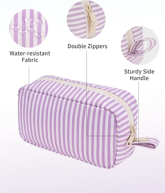 Narwey Small Makeup Bag for Purse Travel Makeup Pouch Mini Cosmetic Bag Zipper Pouch for Women (Purple Stripe, Small)
