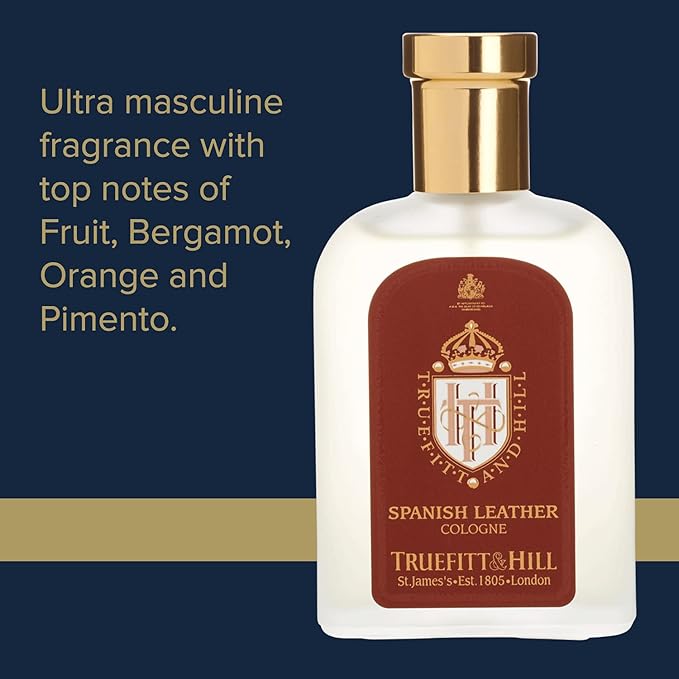 Truefitt & Hill Luxury Cologne - Spanish Leather - Premium Long-Lasting Fruit and Wood Men's Fragrance Presented in a Beautifully Etched Traditional Atomizer Bottle - 3.38 oz.
