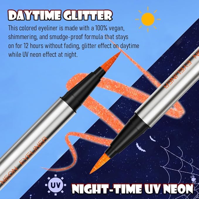 evpct Orange Shimmer Eyeliner UV Neon Gel Eyeliner Pencil Makeup, Rainbow Halloween Colored Colorful Gel Eye Liner Pen Glow in Dark Makeup, Long Lasting Waterproof Eyeliners for Face Body Painting