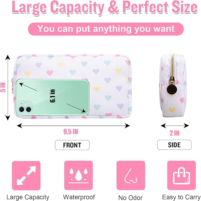 Nylon Small Makeup Bag for Purse, Cute Makeup Bag Preppy Cosmetic Zipper Pouch Purse, Waterproof Portable Travel Toiletry Bag Clutch Makeup Brush Bag Organizer Storage for Women Men Girl(White-Heart)