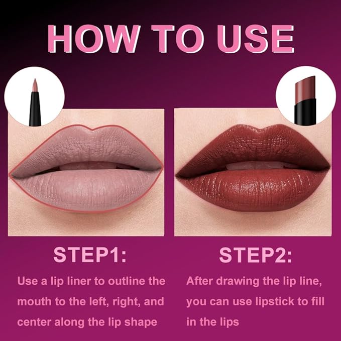 2Pcs 2 in 1 Matte Red Brown Lip Liner and Lipstick Combo Set for Women,Lipstick Stain Lip Liner for Daily & Party Long Lasting Waterproof Smudge Proof 24 Hour Full Coverage Vegan Lip Makeup Kit