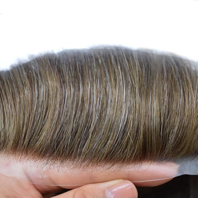 Mens Toupee Human Hair Piece French Lace Toupee for Man Hair System Indian Human Hair Replacement Systems V-Looped PU Front Hairpieces 8"X10" #550 5# MEDIUM LIGHT BROWN WITH 50% SYNTHETIC GREY