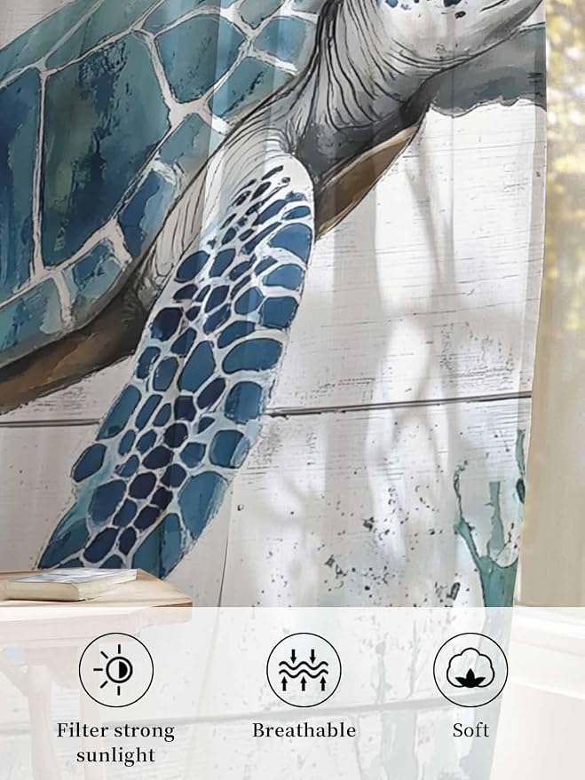 Sheer Curtains 63 Inch Length, Teal Green Sea Turtle Semi Sheer Curtains Light - Image 6