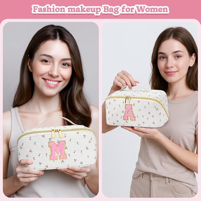 Personalized Travel Makeup Bag Set,Initial Travel Cute Cherry Makeup Organizer Bag,Toiletry Skincare Cosmetic Bag,Christmas Gifts for Women/Girls,Open Flat Toiletry Pouch with Brush Pocket-Q
