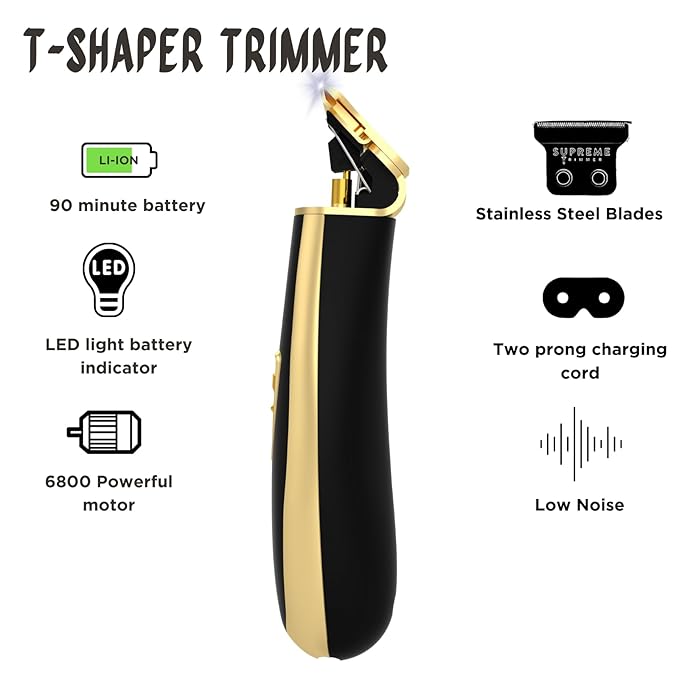 Supreme Trimmer T Shaper Professional Barber Trimmer | 90 Min Runtime, Low Noise Clippers for Men & Sensitive Skin | Cordless Zero Gap Beard Trimmer | ST5210