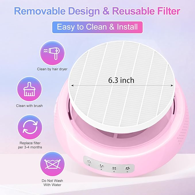 Professional Nail Dust Collector, Quiet Nail Vacuum Cleaner Machine with Reusable Filter, Powerful Suction Nail Tech Dust Fan for Acrylic Gel Nails Art Polishing, Manicure Pedicure Salon Home, Pink