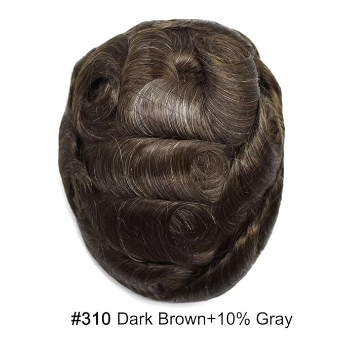 FACE MIRACLE Toupee for Men French Lace Hairpiece Human Hair Replacement System Skin PU Mens Toupee Hair Wigs for Man V-Looped Front Hair Prosthesis 6"X9" #310 Dark Brown with 10% Gray