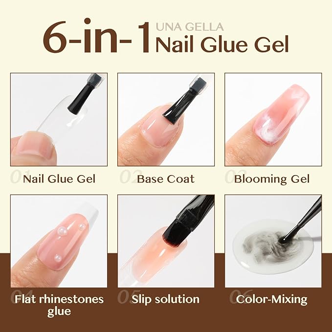 UNA GELLA 6 in 1 Gel Nail Glue for Clear Acrylic Nails Tips, 15ml UV Nail Glue Long Lasting Super Strong Brush for Base Coat, Clear Fake Nails, and Soft Gel Tips Lamp Curing Required