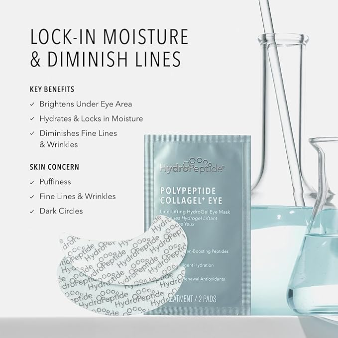 HydroPeptide PolyPeptide Collagel Eye Masks, Line-Lifting Hydrogel Under Eye Patch, Firmer Appearance & Hydration & Dark Circles, 8 Treatments