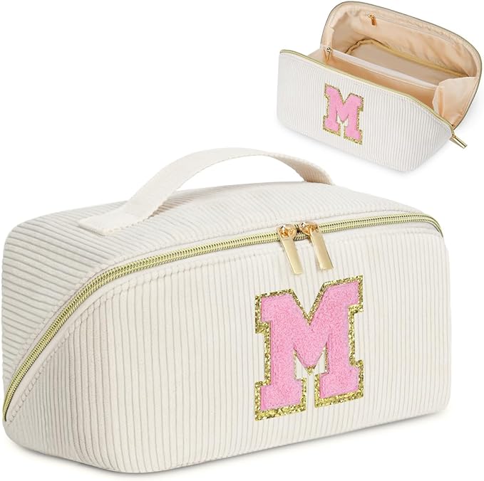 Personalized Initial Makeup Bag,Christmas Gifts for Girl,Preppy Bag Cosmetic Travel Bag Women,Travel Toiletry Organizer,Large Capacity Corduroy Stuff Bag,Cute Cosmetic Pouch Skincare Bag-M