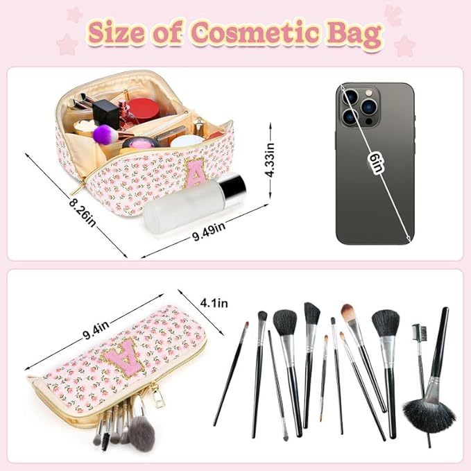 Personalized Travel Makeup Bag Set,Initial Travel Cute Floral Makeup Organizer Bag,Toiletry Skincare Cosmetic Bag,Christmas Gifts for Women/Girls,Open Flat Toiletry Pouch with Brush Pocket-P