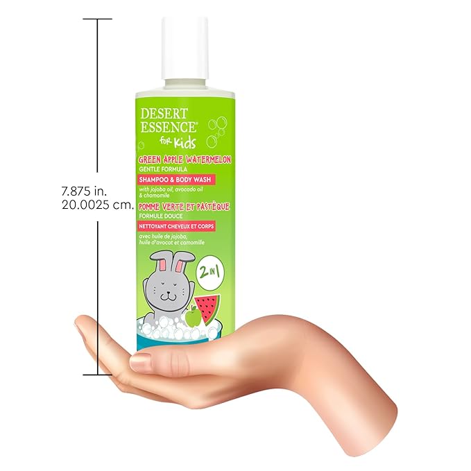 Desert Essence Kids 2-in-1 Shampoo & Body Wash 12.0 fl oz - Vegan, Gluten-Free. Cruelty-Free - Leaves Hair & Skin Nourished - Gentle Formula (Green Apple)