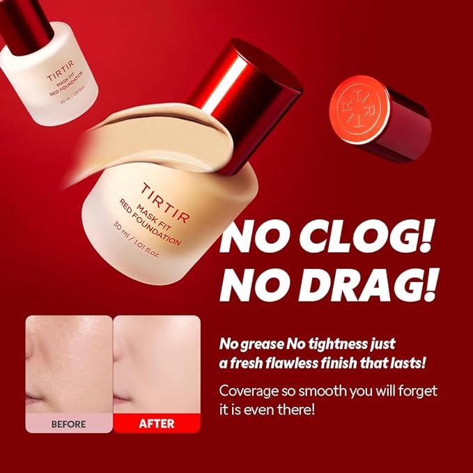 TIRTIR Mask Fit Red FoundationㅣLong Lasting Flawless Coverage, Energy Essence, Lightweight, Hydrating, Pore-Blurring, Breathable Satin Finish, Makeup, Radiant Skin, #27N Camel, 1.01 Fl Oz