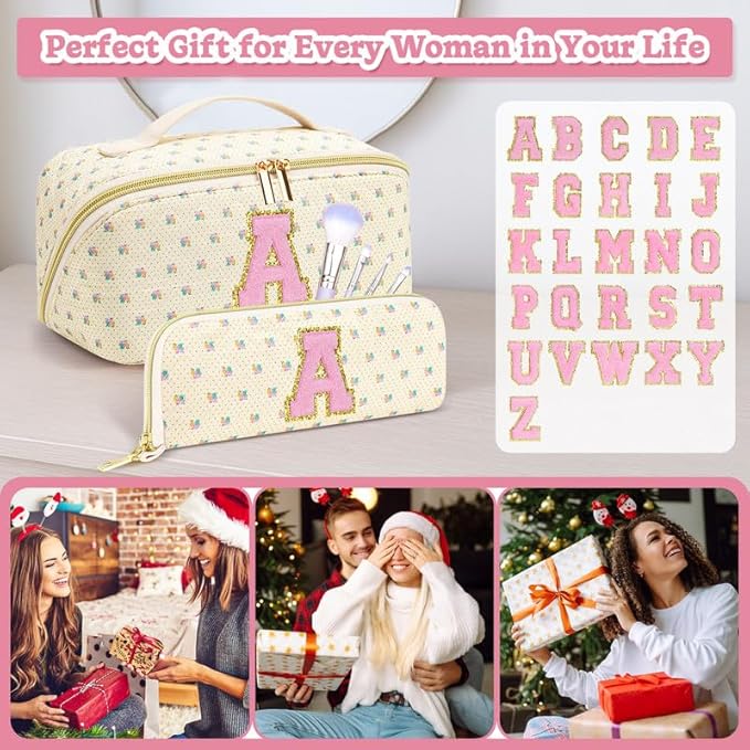 Personalized Travel Makeup Bag Set,Initial Travel Cute Floral Makeup Organizer Bag,Toiletry Skincare Cosmetic Bag,Christmas Gifts for Women/Girls,Open Flat Toiletry Pouch with Brush Pocket-A
