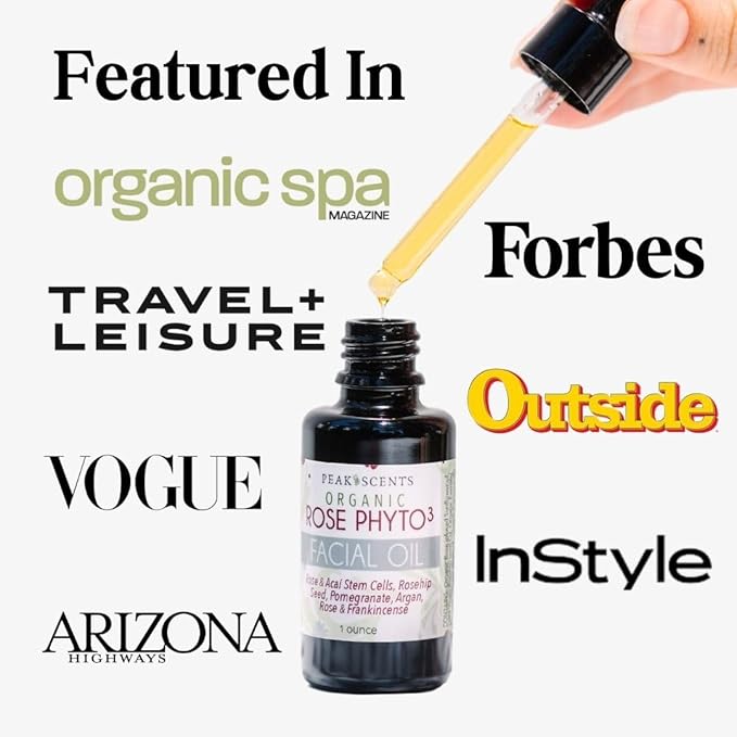 Peak Scents Organic Rose Phyto Facial Oil - Rosehip and Argan Oil Infused with Rose Extract and Frankincense Essential Oil - Ideal for Gua Sha Massage, Anti-Aging Face Oil (1oz)
