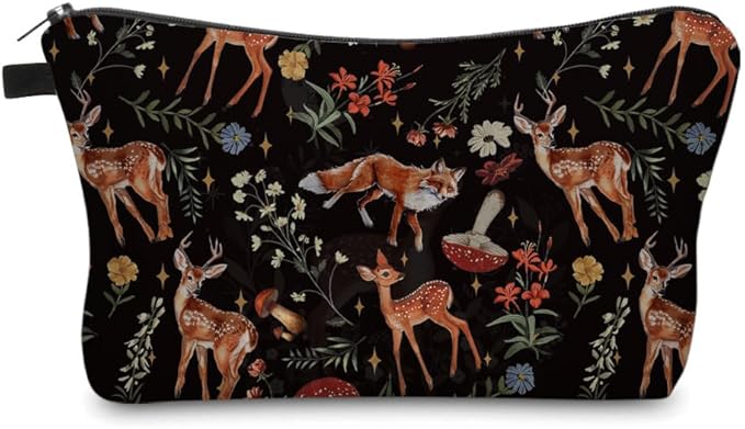 Small Makeup Bag Cosmetic Bag for Women, Pretty Design Organizer Case with Zipper Closure, Lightweight and Water-Resistant Make Up Bag - 8.65"x 5.35" x 7.08"（Sika Deer & Fox）
