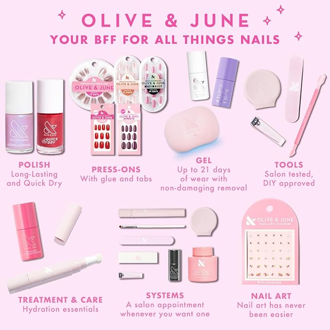 Olive & June Bolds Long Lasting Nail Polish Set | Includes 6 Shades (Bold & Unshaken, Art Class, Because I'm Green, Lily Blooms, CV, Hot Strawberry) + Top Coat | Vegan, Cruelty-Free | Salon-Quality