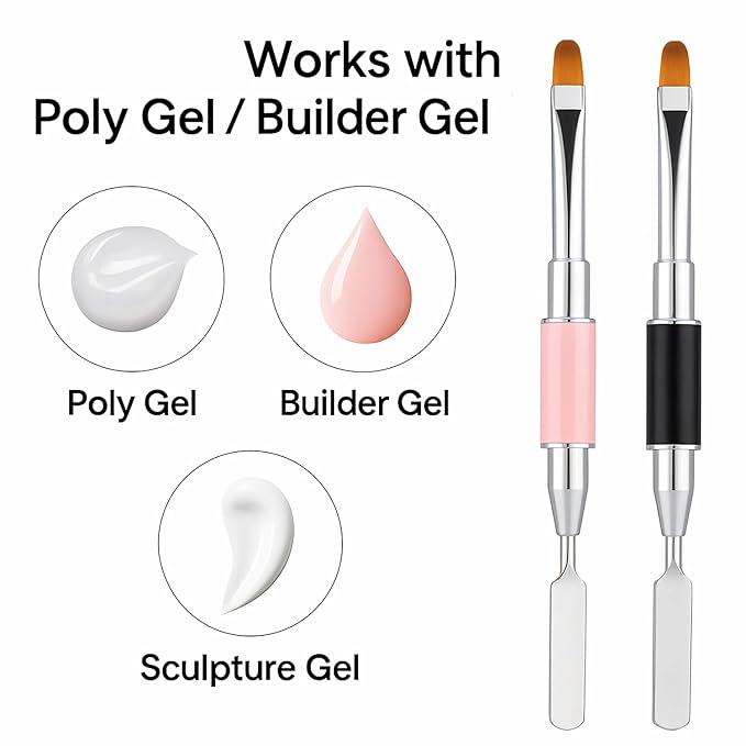 2Pcs Dual-Ended Nail Art Brush and Spatula Set - Pink & Black UV Gel Nail Tools for Poly Extension, Sculpture Gel - Manicure Design Kit for Salon & DIY Use