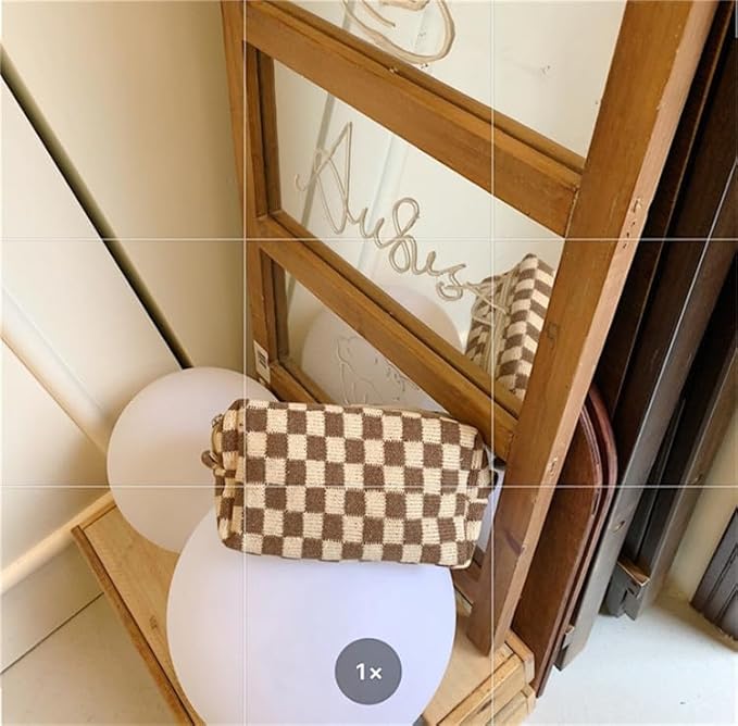 PAZIMIIK Checkered Makeup Bag for Purse Portable Zipper Make Up Pouch Small Cosmetic Case for Travel Accessories (6PCS Coffee)