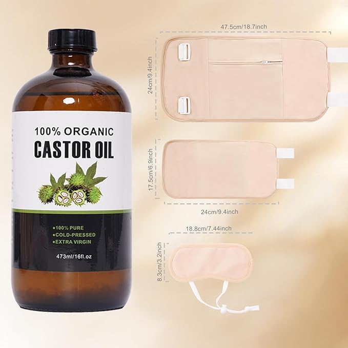 Organic Cold Pressed Unrefined Castor Oil (16oz/473ml), Castor Oil Pack Kit with Organic Cotton Wrap for Waist, Knees, Neck